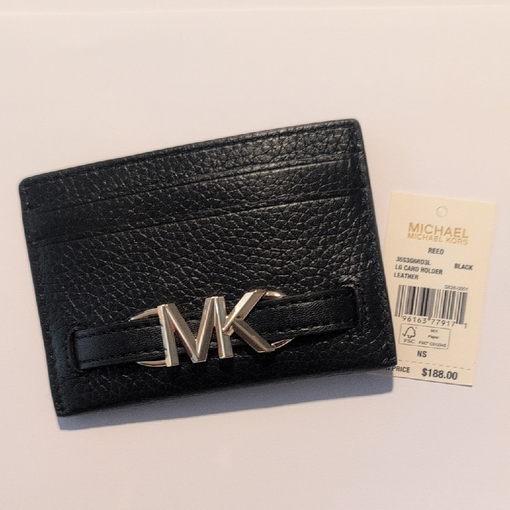 Michael Kors Black Leather Card Holder with Silver MK Accent NWT - Picture 5 of 5
